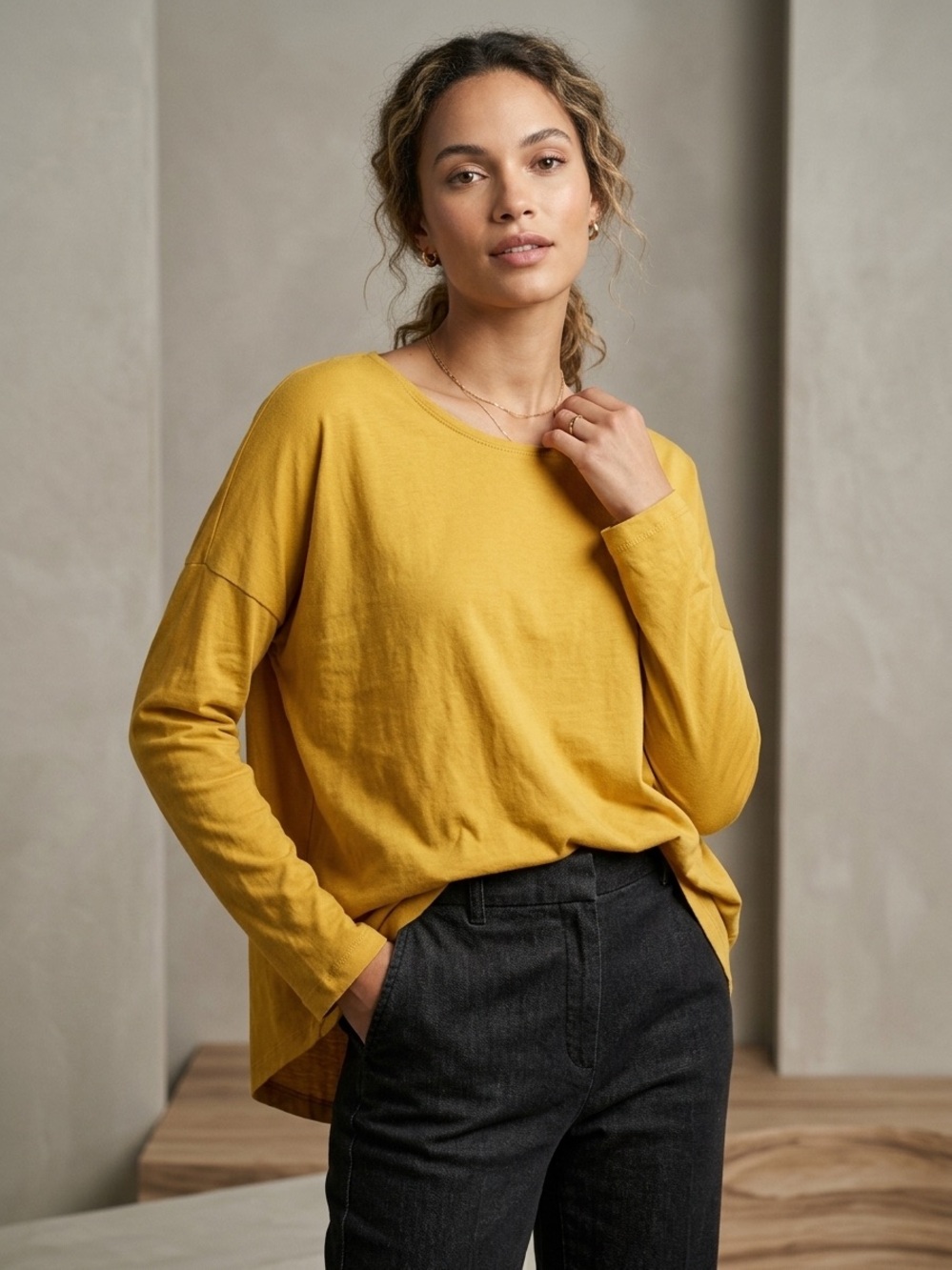 Long Sleeve Boxy Tee in Mustard Yellow